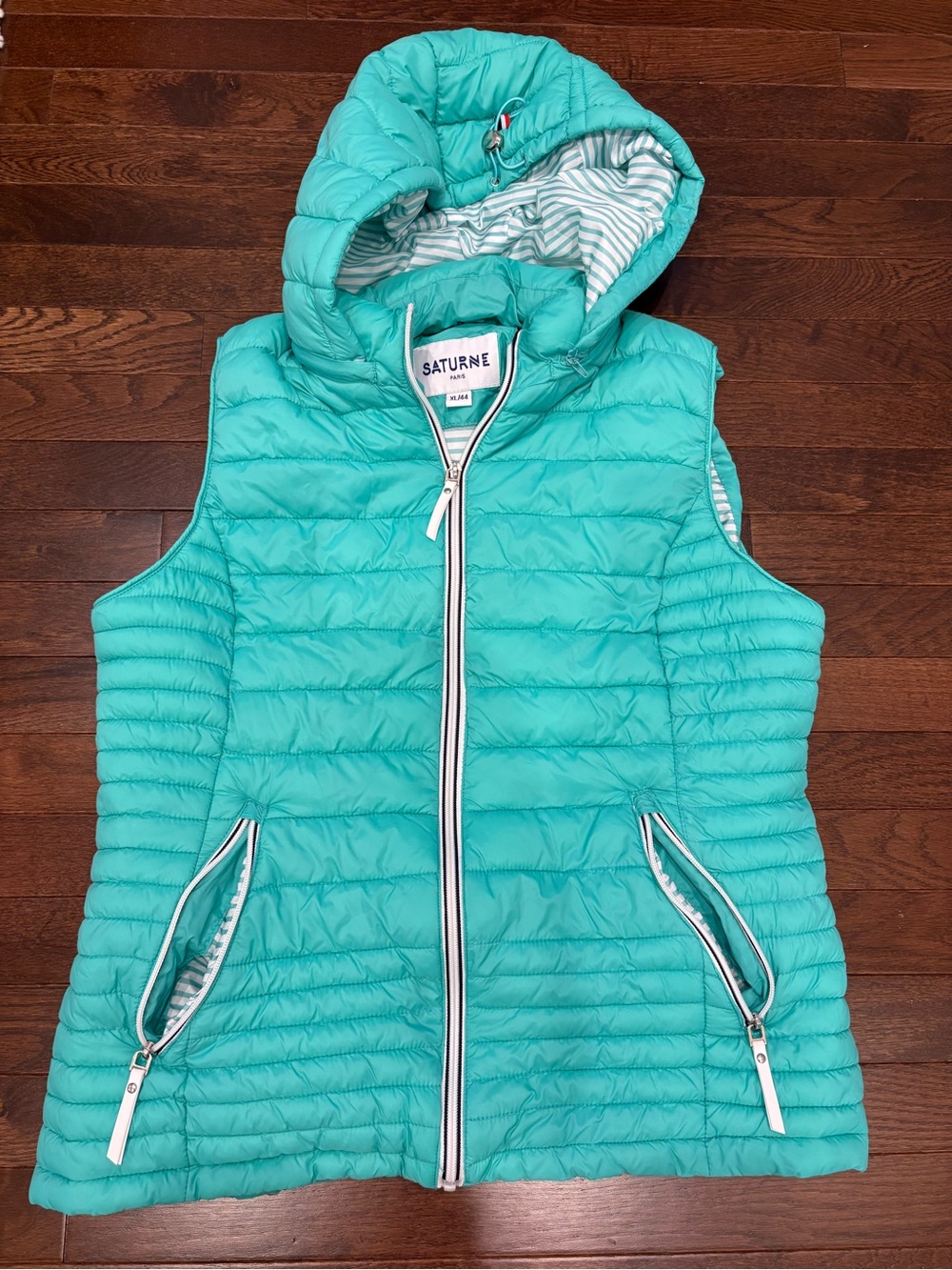 Saturne Paris Size XL Teal Puffer Vest Removable Hood French